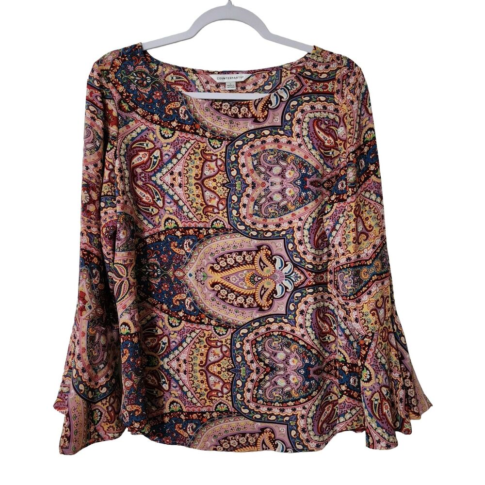 Counterparts Womens Blouse Colorful Gypsy Boho 3/4 Sleeve Semi Sheer Top L